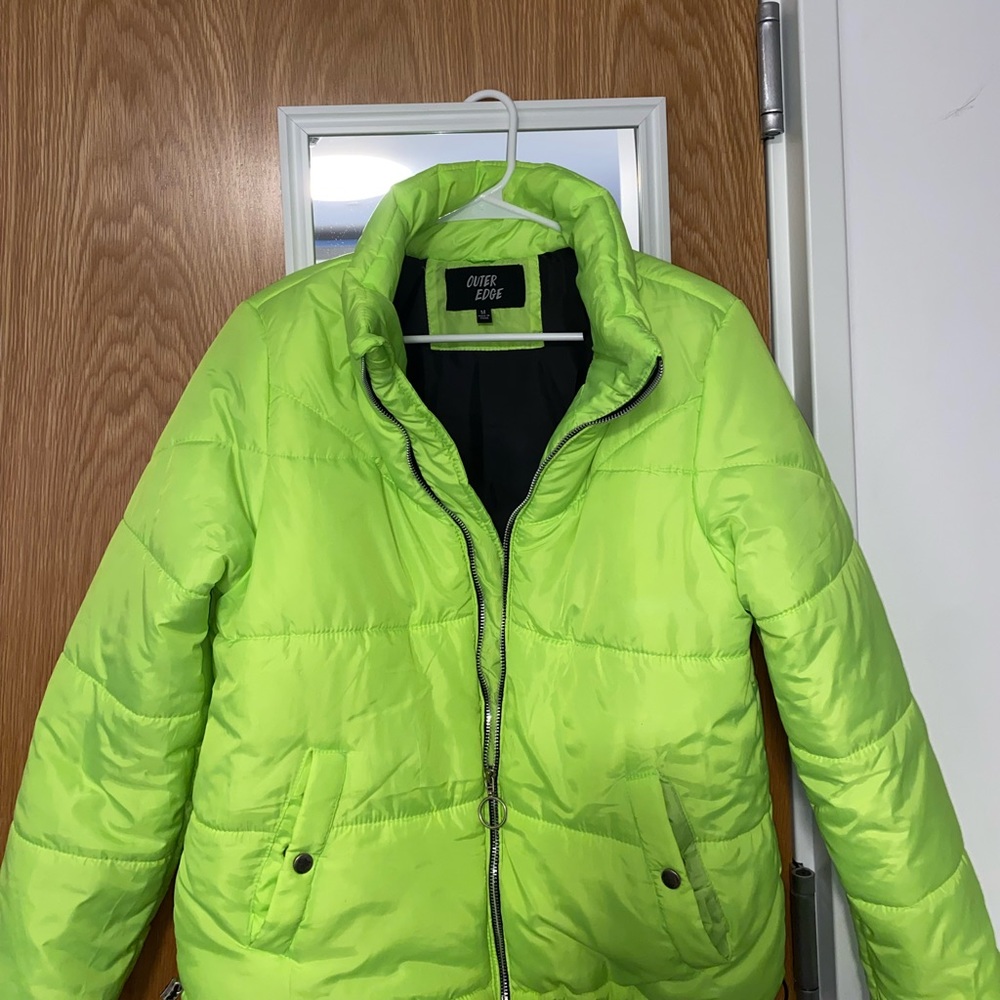 Lime green puffer jacket with cute adjustable string at the bottom